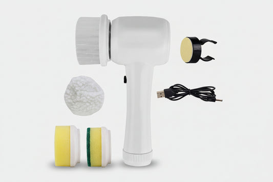 4-in-1 electric handheld scrubber kit with steel wool and sponge attachments.