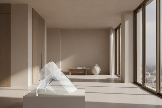 Woman wearing wireless LED light therapy mask glowing red.