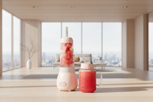 Portable electric blender bottle mixing strawberry smoothie on a desk.